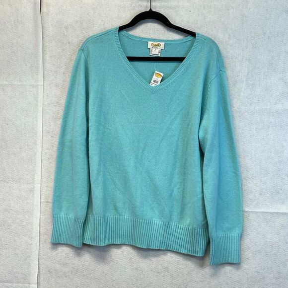 TALBOTS WOMAN Sweater 1X Aqua Blue V-Neck Merino Wool Angora Cashmere Elbow Patc - Picture 1 of 14